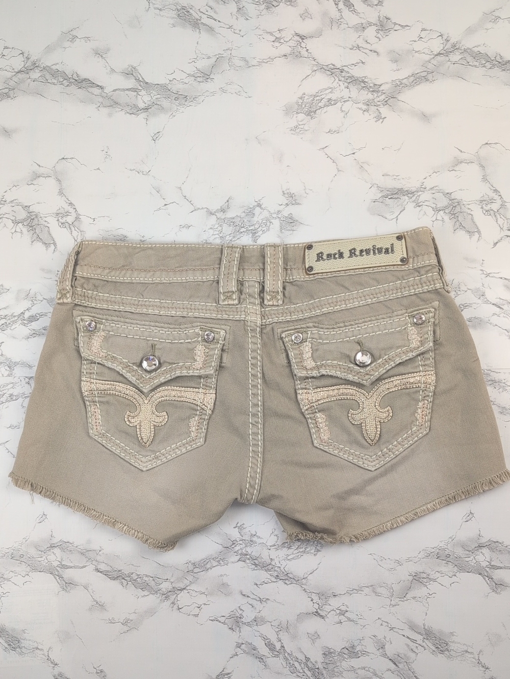 Rock Revival Angie Shorts Size 28 Tan Khaki Raw Hem Fleur De LIs